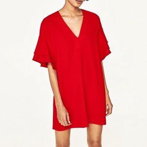 Zara Crepe Red Double Ruffle Sleeve Shift Dress